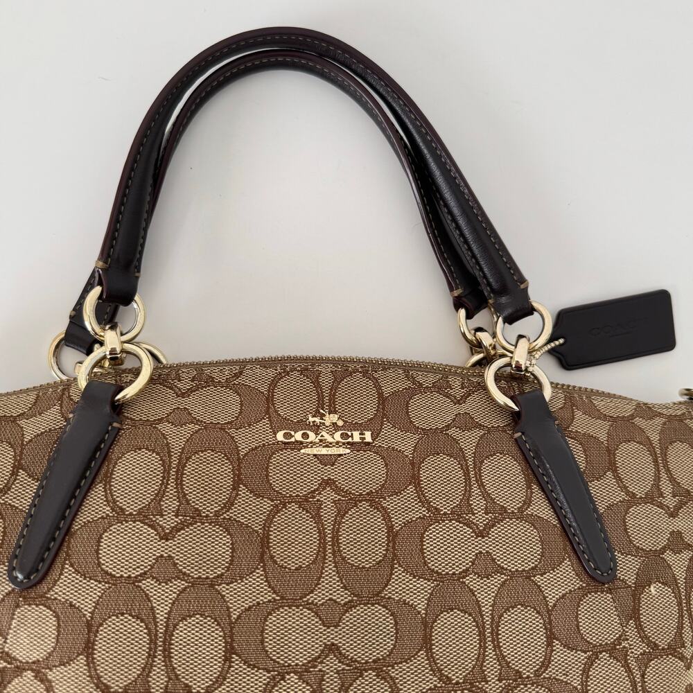 Coach Signature Jacquard Canvas Small Kelsey Satchel Khaki Leather Trim F58283 - Picture 4 of 15